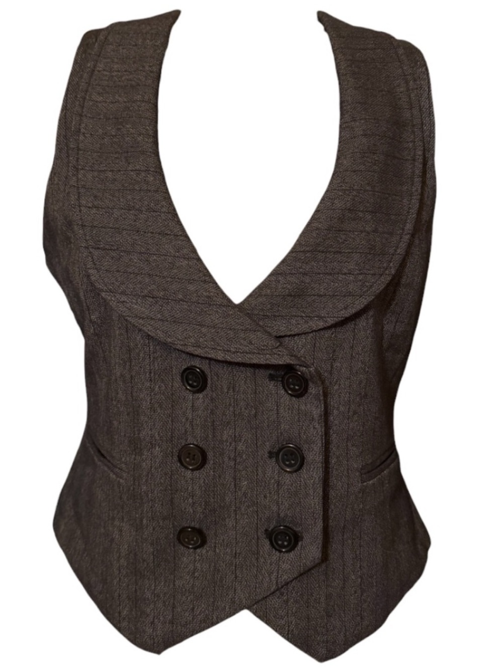 Reitman’s Y2K Double Breasted Vest Size 11 Grey Pinstripe w Curved Shawl Collar